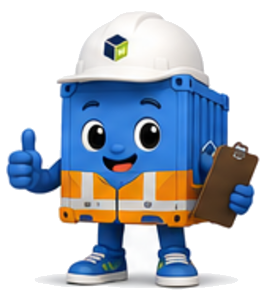 Cubi, la mascota de m3-cargo, con casco de obra y planilla